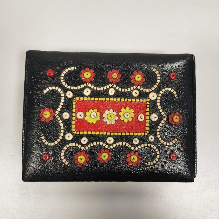 Scatola Portagioie in Pelle Nera Ricamata a Mano Vintage Anni'70