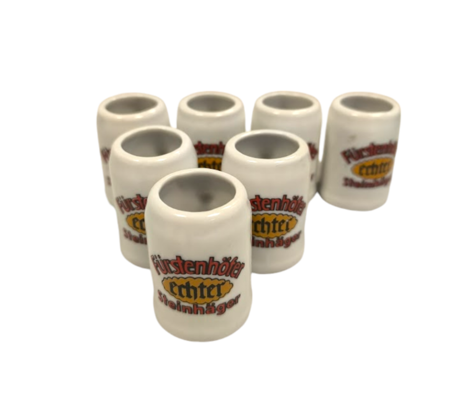 Lotto di 7 Boccalini per Liquore in Ceramica "Furstenhofer Echter Steinhager"