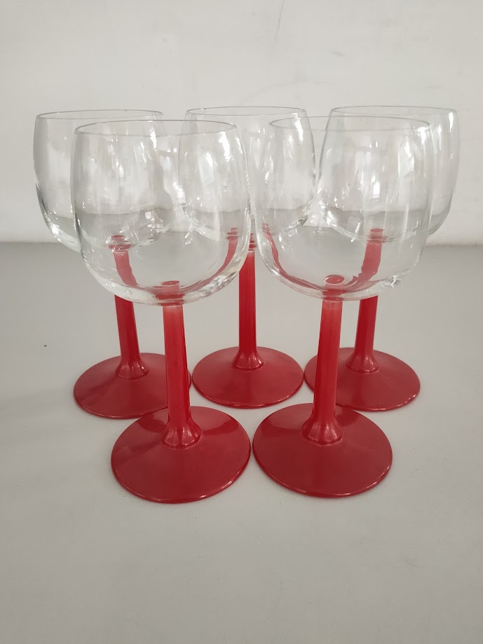5 Bicchieri da Vino in Vetro con Manico di Color Rosso Vintage Anni '70