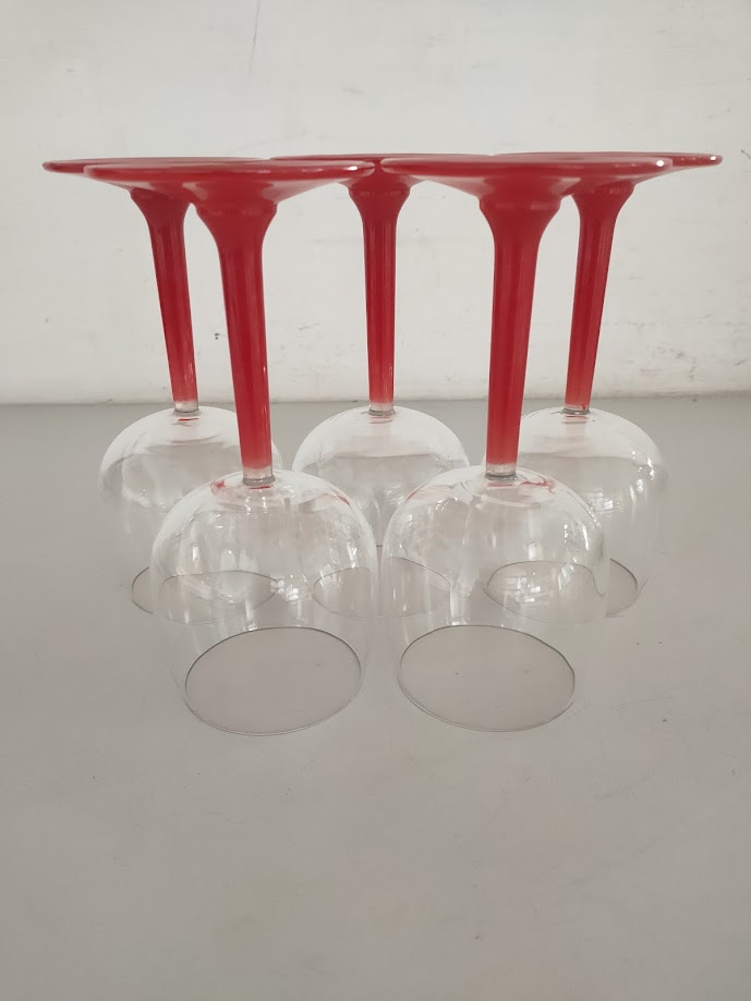 5 Bicchieri da Vino in Vetro con Manico di Color Rosso Vintage Anni '70