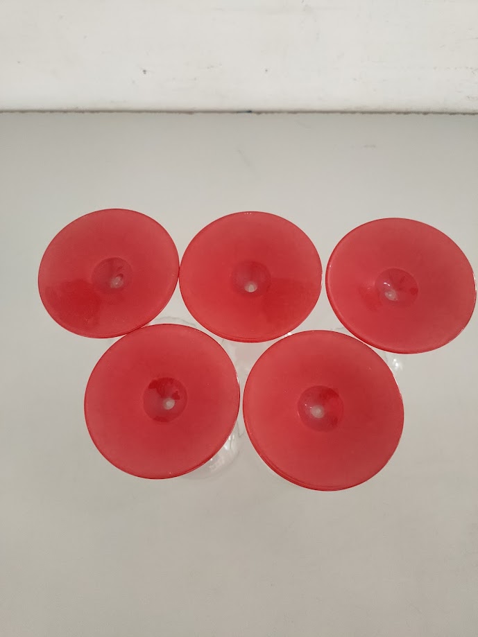 5 Bicchieri da Vino in Vetro con Manico di Color Rosso Vintage Anni '70