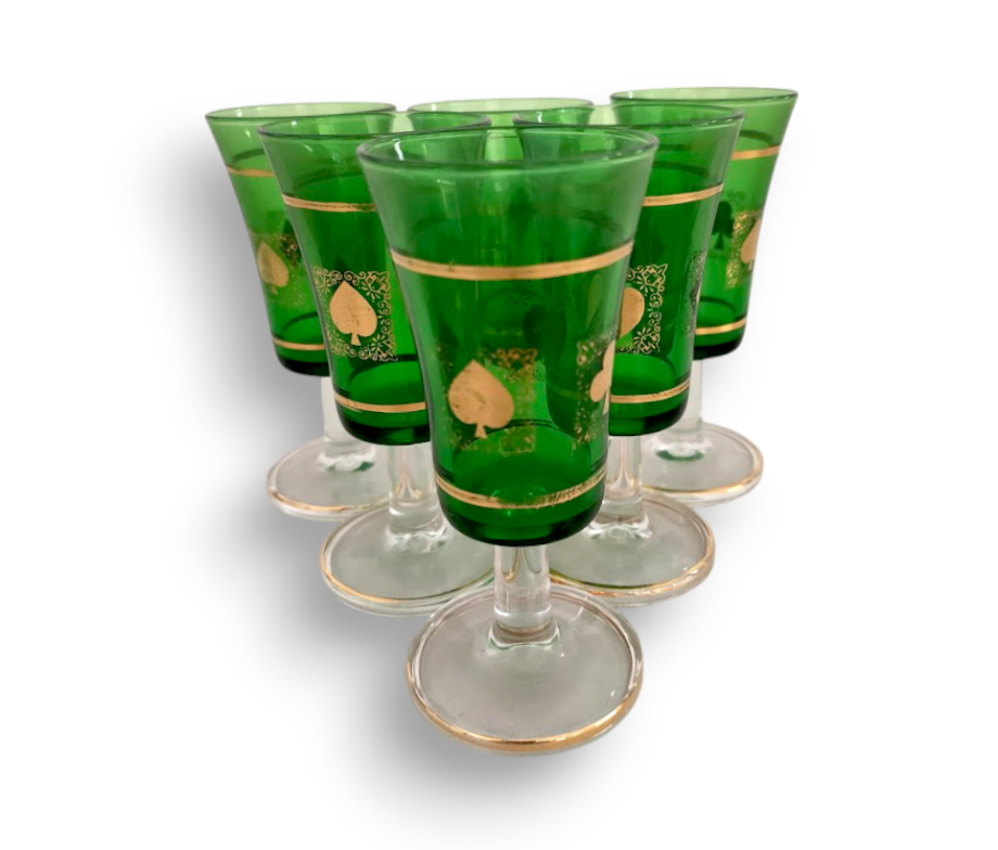 6 Bicchierini di Vetro di Colore Verde - Oro Trasparente