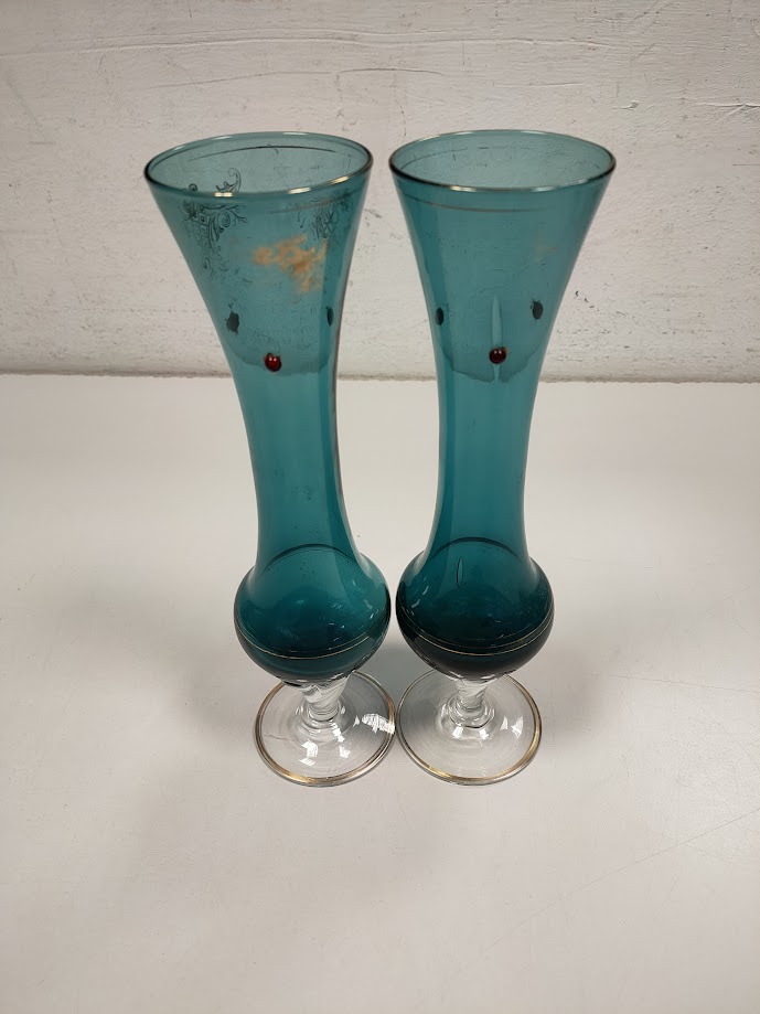 2 Calici in Vetro di Colore Blu con Rifiniture Color Oro e Rosso Vintage Anni '80