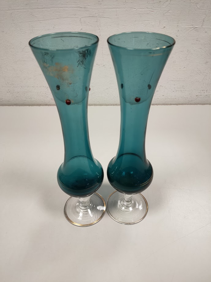 2 Calici in Vetro di Colore Blu con Rifiniture Color Oro e Rosso Vintage Anni '80