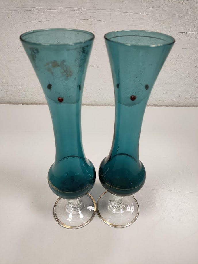 2 Calici in Vetro di Colore Blu con Rifiniture Color Oro e Rosso Vintage Anni '80