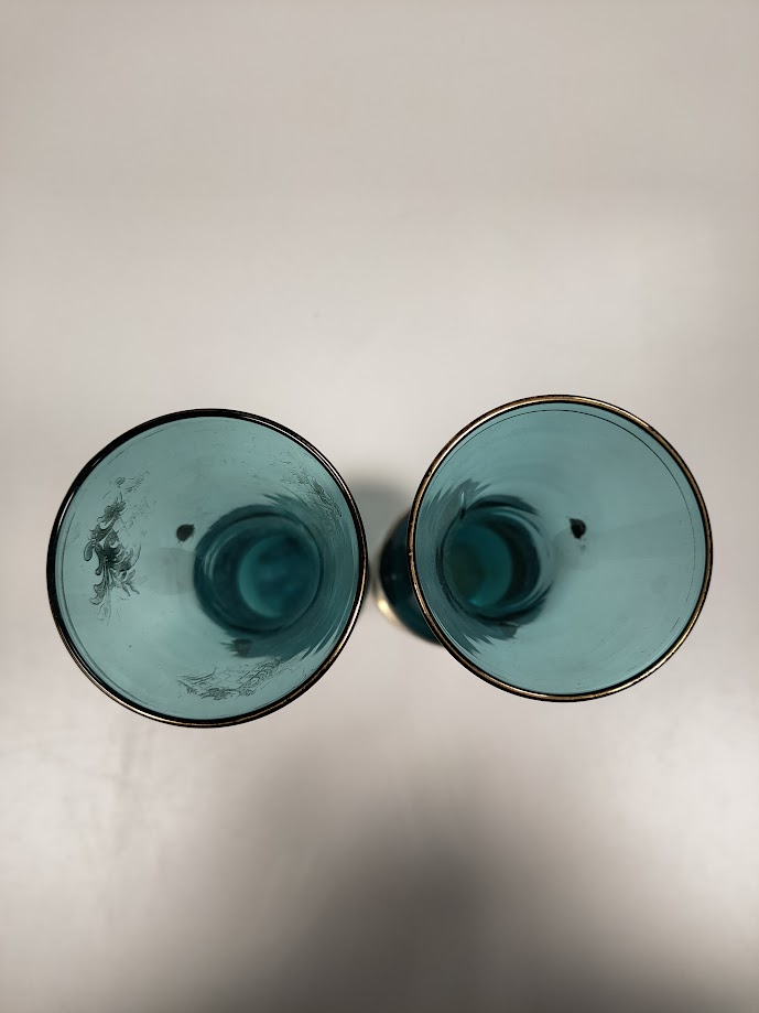 2 Calici in Vetro di Colore Blu con Rifiniture Color Oro e Rosso Vintage Anni '80