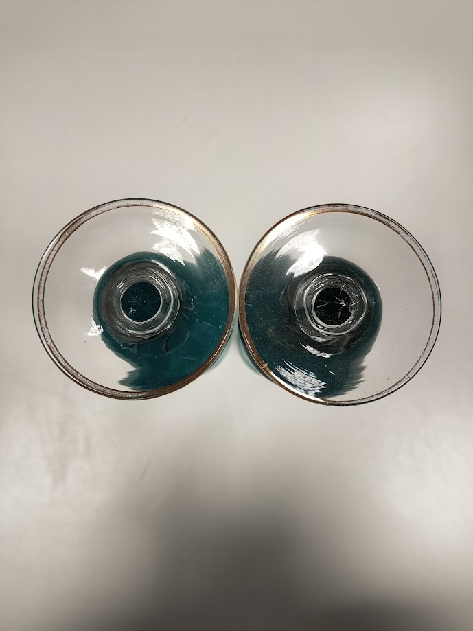 2 Calici in Vetro di Colore Blu con Rifiniture Color Oro e Rosso Vintage Anni '80