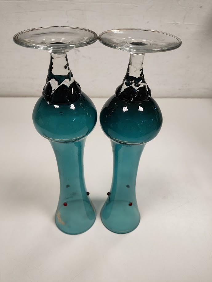 2 Calici in Vetro di Colore Blu con Rifiniture Color Oro e Rosso Vintage Anni '80