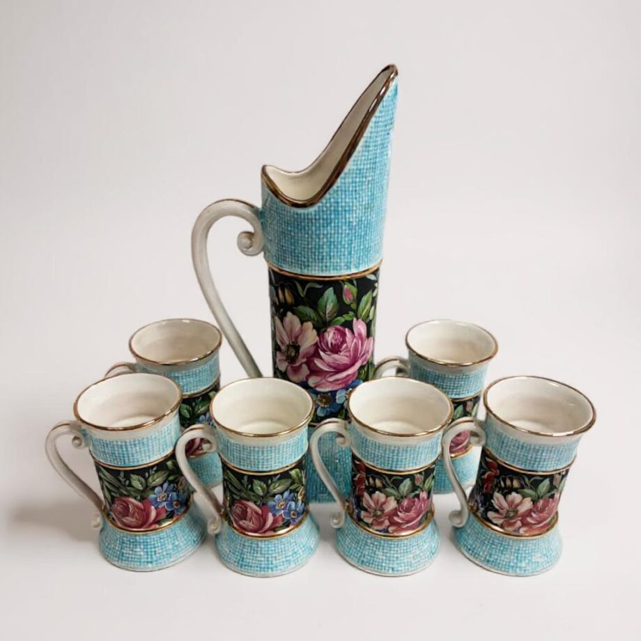 Set di 6 Tazze con Caraffa in Porcellana Italiana con Motivo Floreale Vintage Ani '80
