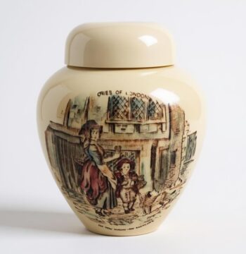 Vaso in Ceramica con Coperchio, Decorato con una Scena di Strada
