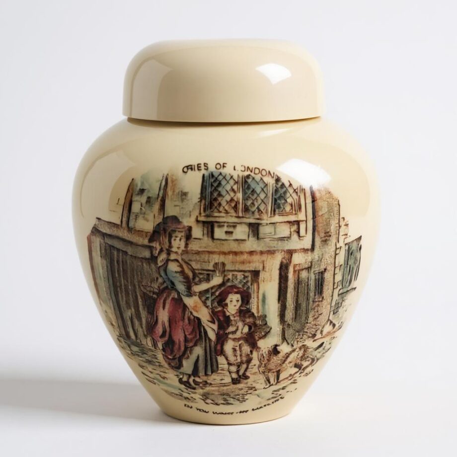 Vaso in Ceramica con Coperchio, Decorato con una Scena di Strada