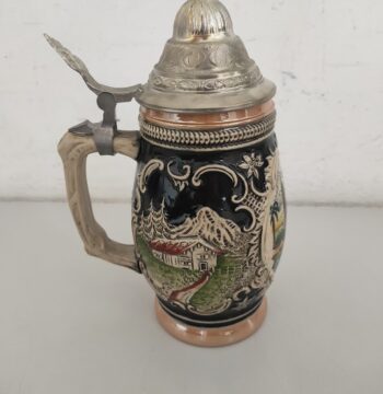 Boccale da Birra Tedesco in Ceramica con Coperchio in Argento Inglese