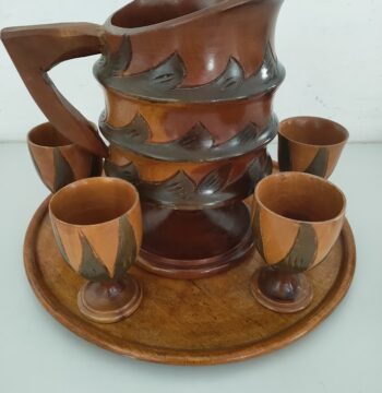 Set Composto da Caraffa, Vassoio, 6 Bicchieri in Legno Vintage Anni '80