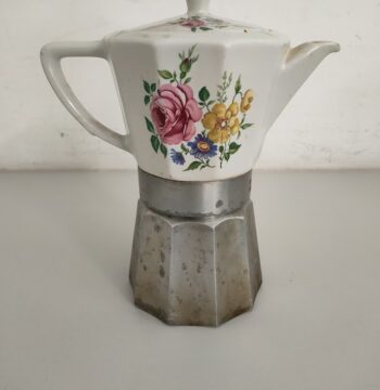 Caffettiera in Alluminio/Ceramica con Motivo Floreale Vintage Anni '70