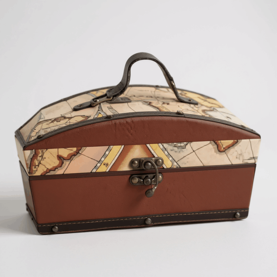 Bauletto Porta Gioie con Maniglia e Chiusura a Scatto Decorato con una Mappa Antica