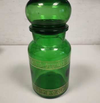 Barattolo da Farmacia in Vetro Verde Smeraldo con Fascia Dorata Vintage Anni '70