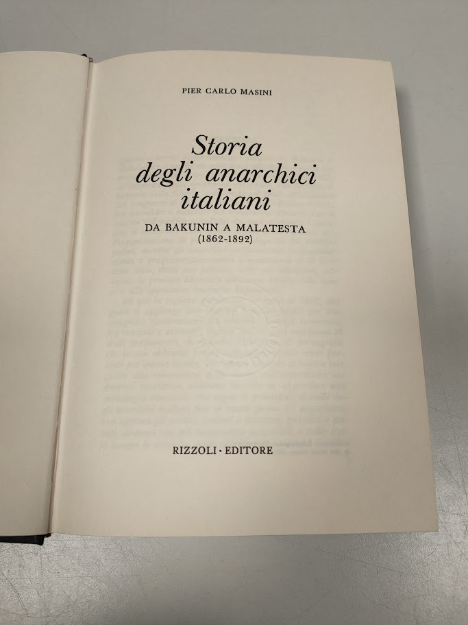 Libro Storia degli Anarchici Italiani da Bakunin a Malatesta 1969