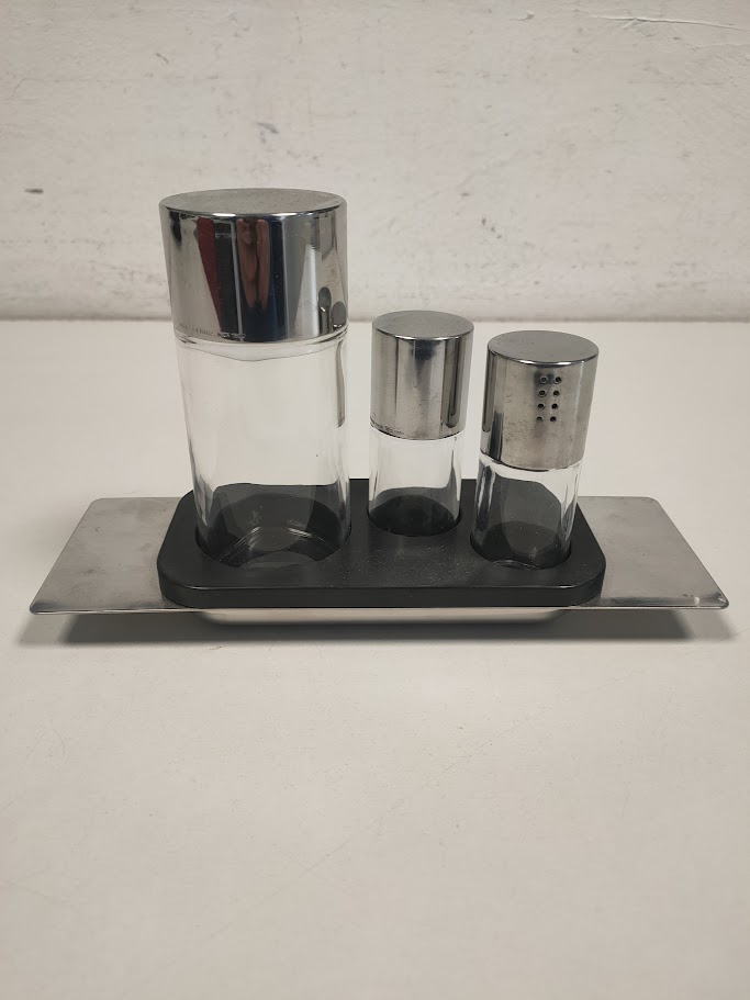 Set Oliera Olio/Aceto, Sale e Pepe "Alessi" in Acciaio Inox 18/10 Anni '70