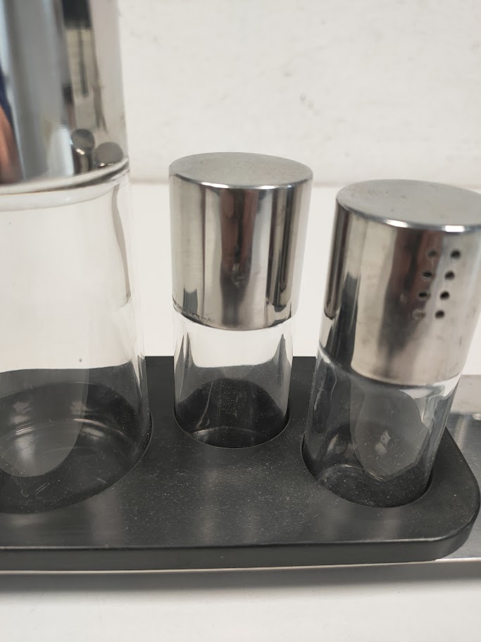 Set Oliera Olio/Aceto, Sale e Pepe "Alessi" in Acciaio Inox 18/10 Anni '70