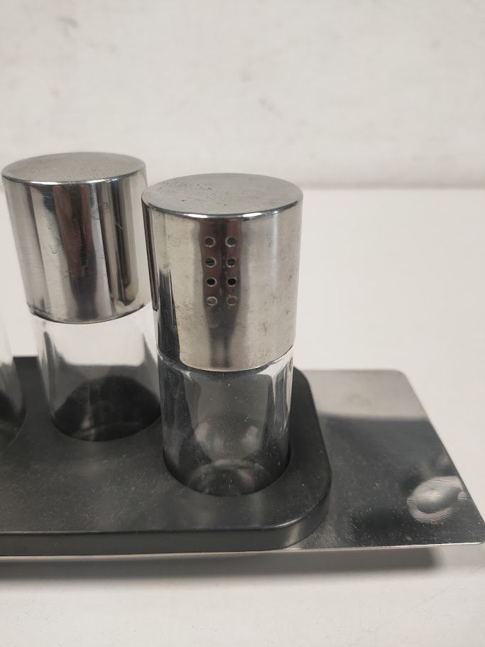 Set Oliera Olio/Aceto, Sale e Pepe "Alessi" in Acciaio Inox 18/10 Anni '70