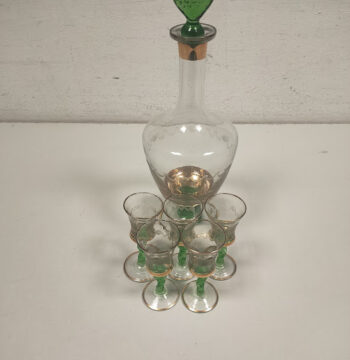 Set Vintage di Bottiglia e 5 Bicchieri da Liquore in vetro Anni '50