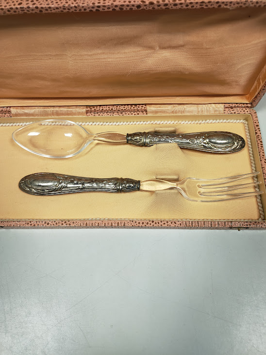 Set di 2 Posate da Portata in Argento 800 con Manici Decorati Vintage