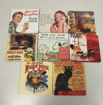 Set di 8 Sottobicchieri in Compensato con Differenti immagini Pubblicitarie Vintage Anni '90