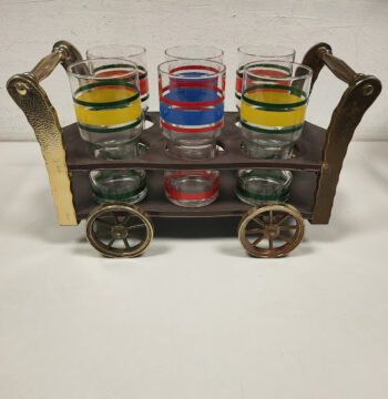 Set di Bicchieri da Liquore Vintage su un Carrello di servizio in Ottone e Legno