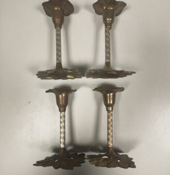 Lotto di 4 Porta Candele in Ottone con Fusto in Metallo "Art Noveau" Vintage Anni '60