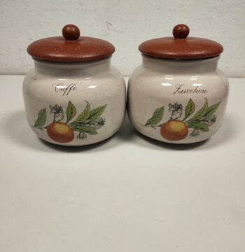 Set di 2 Barattoli in Ceramica Zucchero e Caffè con Coperchio in Legno