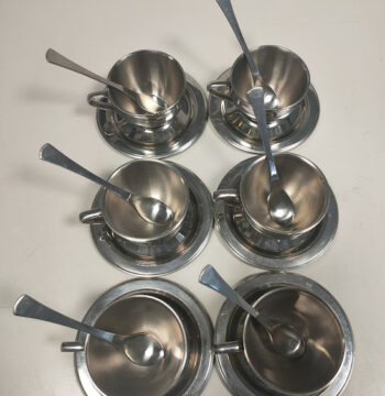 Set di 6 Tazzine più Piattini da Caffè Espresso in Acciaio Inox 18/10 Vintage Anni '70