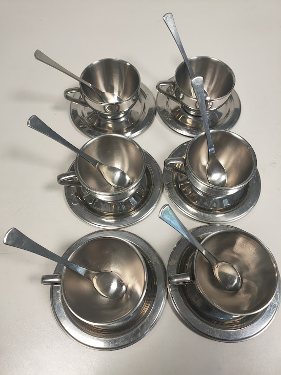 Set di 6 Tazzine più Piattini da Caffè Espresso in Acciaio Inox 18/10 Vintage Anni '70