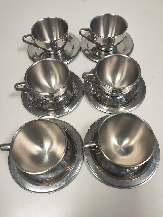Set di 6 Tazzine più Piattini da Caffè Espresso in Acciaio Inox 18/10 Vintage Anni '70