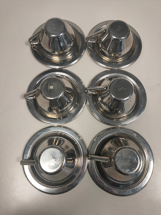 Set di 6 Tazzine più Piattini da Caffè Espresso in Acciaio Inox 18/10 Vintage Anni '70