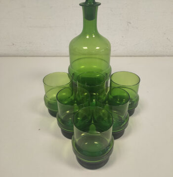 Servizio di Decanter e sei Bicchieri Realizzato in Vetro Soffiato Vintage Anni '60