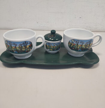 Set da Caffè in Ceramica Verde con Paesaggio Decorativo Vintage Anni '80