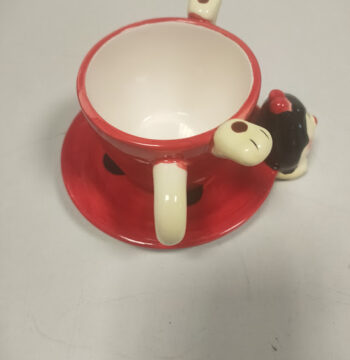 Tazza in Ceramica con Piattino Raffigurante una Coccinella Rossa Vintage