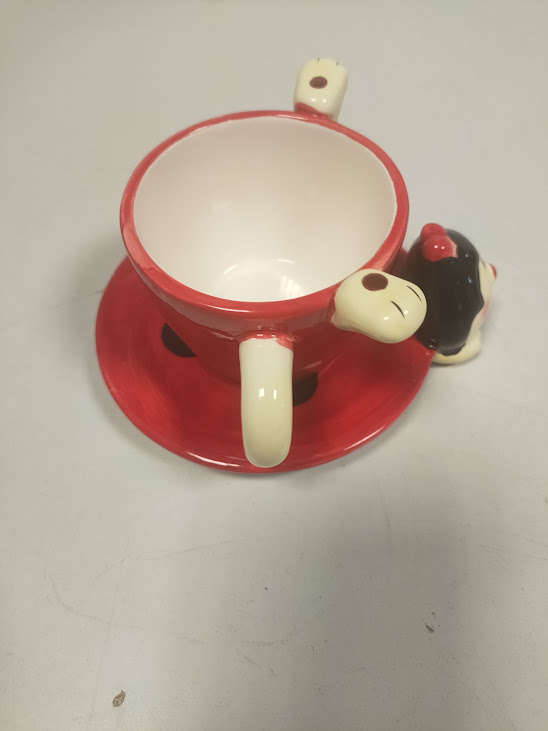 Tazza in Ceramica con Piattino Raffigurante una Coccinella Rossa Vintage