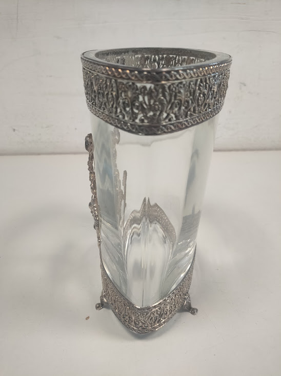 Vaso in Vetro e Metallo Argentato con decorazioni Floreali Vintage Anni '60