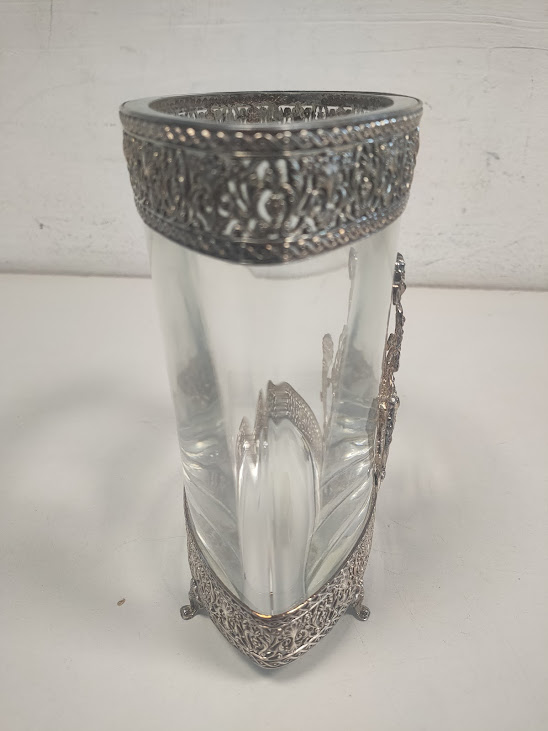 Vaso in Vetro e Metallo Argentato con decorazioni Floreali Vintage Anni '60