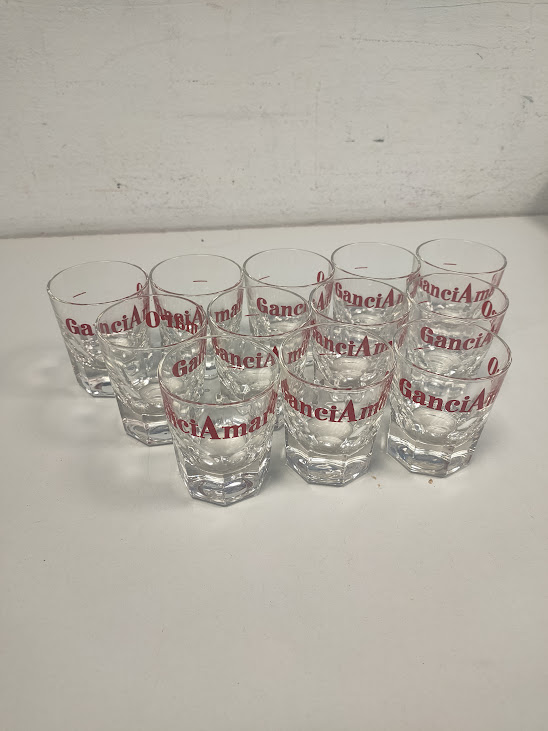 12 Bicchieri da Liquore Marchiati "Gancia Amaro" con Base Sfaccettata
