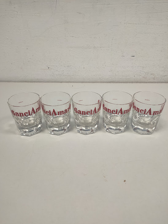 12 Bicchieri da Liquore Marchiati "Gancia Amaro" con Base Sfaccettata