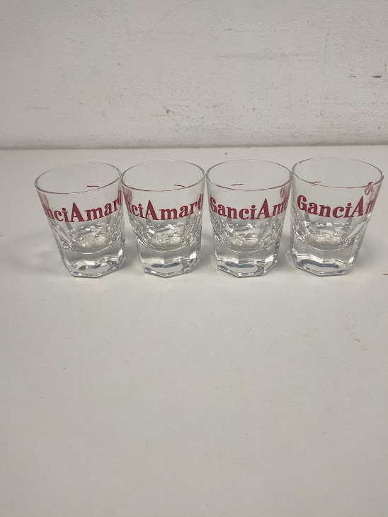 12 Bicchieri da Liquore Marchiati "Gancia Amaro" con Base Sfaccettata