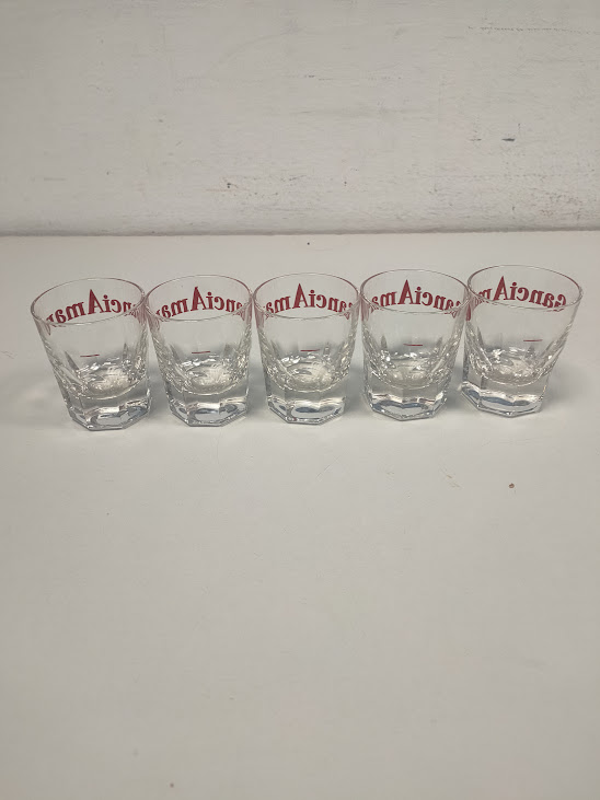 12 Bicchieri da Liquore Marchiati "Gancia Amaro" con Base Sfaccettata