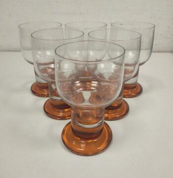 6 Calici in vetro con Base Color Ambra e Coppa Trasparente Vintage Anni '70