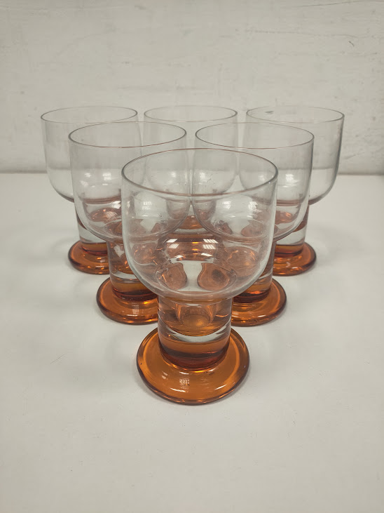 6 Calici in vetro con Base Color Ambra e Coppa Trasparente Vintage Anni '70