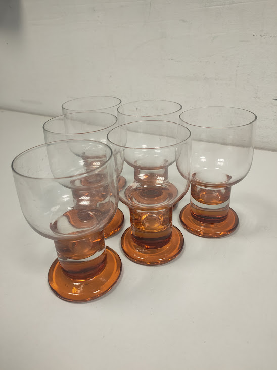 6 Calici in vetro con Base Color Ambra e Coppa Trasparente Vintage Anni '70