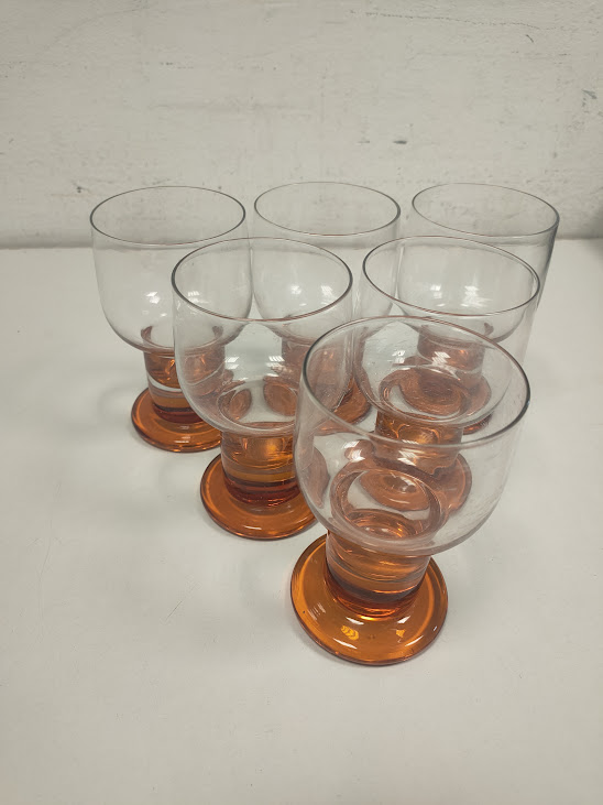 6 Calici in vetro con Base Color Ambra e Coppa Trasparente Vintage Anni '70