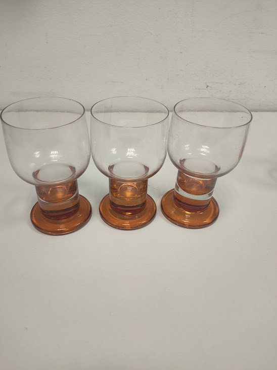 6 Calici in vetro con Base Color Ambra e Coppa Trasparente Vintage Anni '70