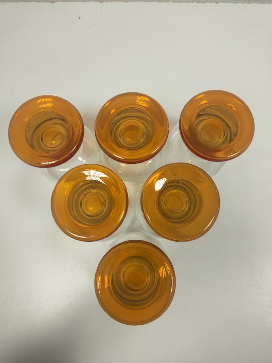 6 Calici in vetro con Base Color Ambra e Coppa Trasparente Vintage Anni '70
